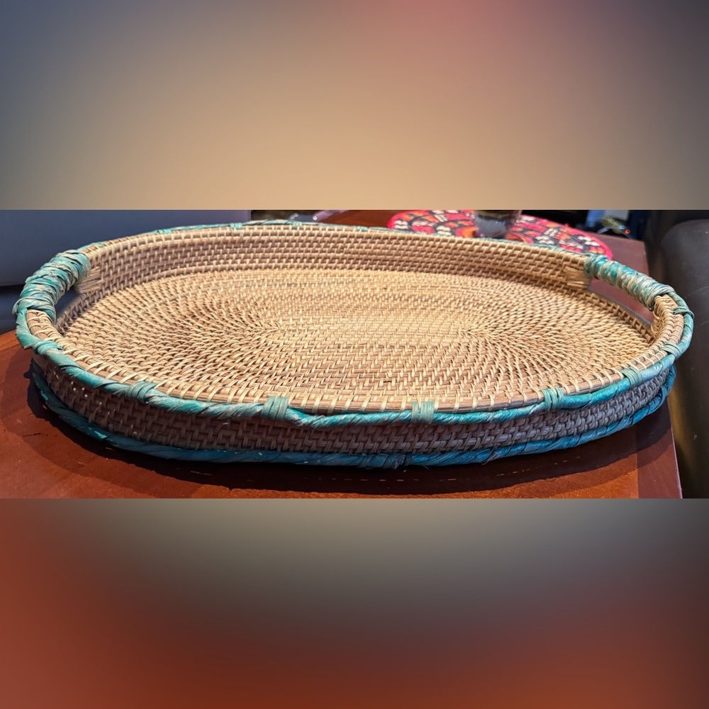 HANDMADE Woven Basket with Blue Accents